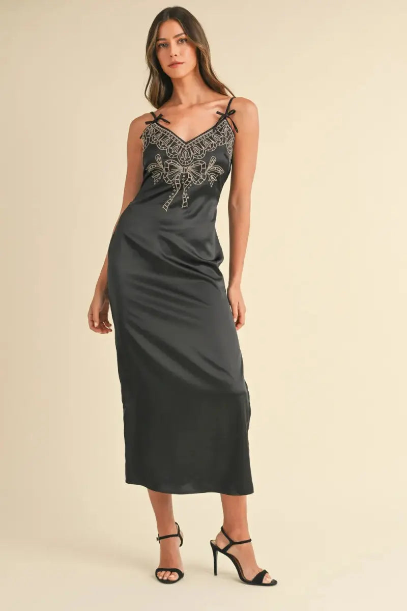 Mable Embroidered Cami Satin Midi Slit Dress for Elegance - Love Salve